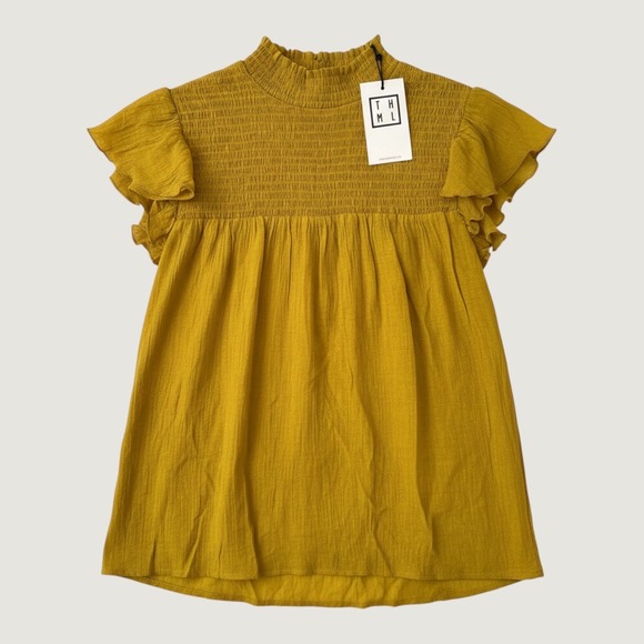 THML Tops - Womens THML blouse features a high ruffled neck and smocked detailing size S NWT
